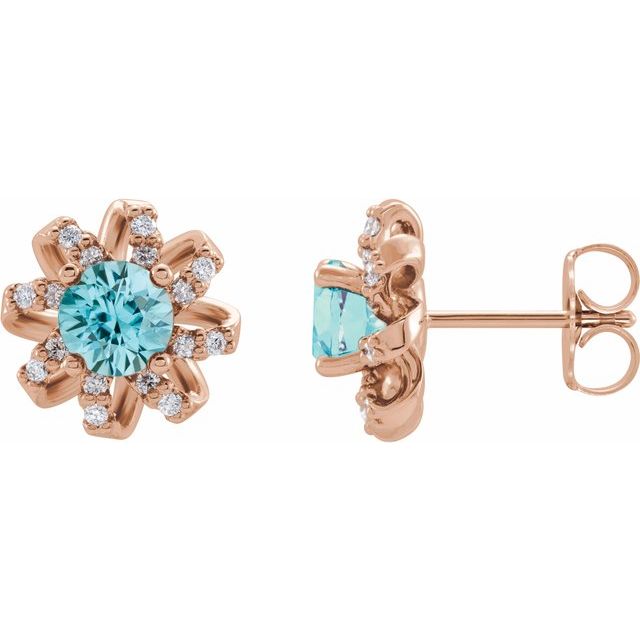 14K Rose Natural Blue Zircon & 1/6 CTW Natural Diamond Halo-Style Earrings