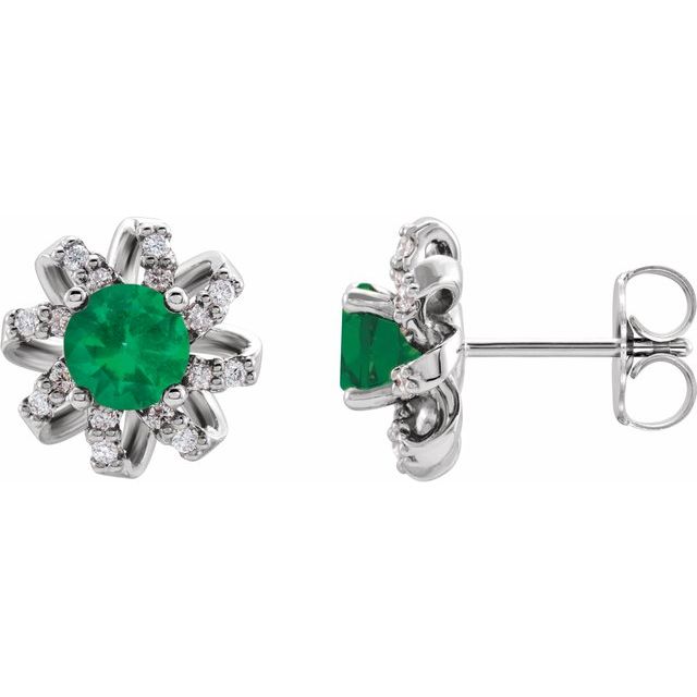 Platinum Natural Emerald & 1/6 CTW Natural Diamond Halo-Style Earrings