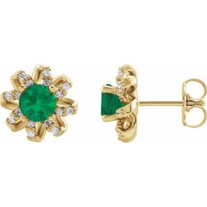 14K Yellow Natural Emerald & 1/6 CTW Natural Diamond Halo-Style Earrings