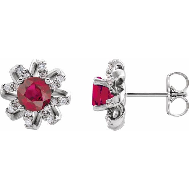 14K White Natural Ruby & 1/6 CTW Natural Diamond Halo-Style Earrings