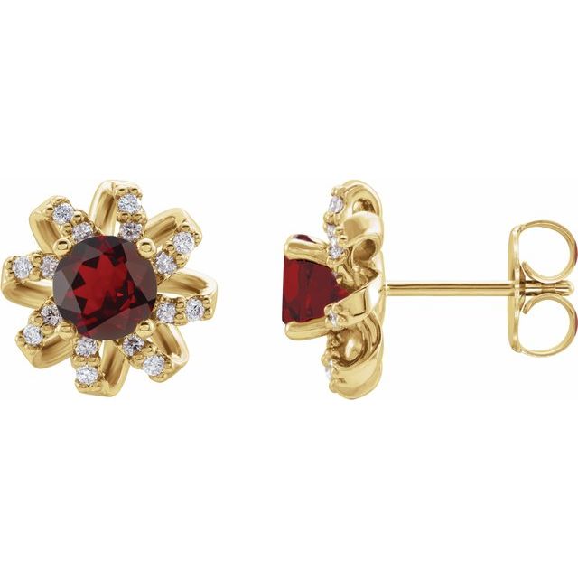 14K Yellow Natural Mozambique Garnet & 1/6 CTW Natural Diamond Halo-Style Earrings