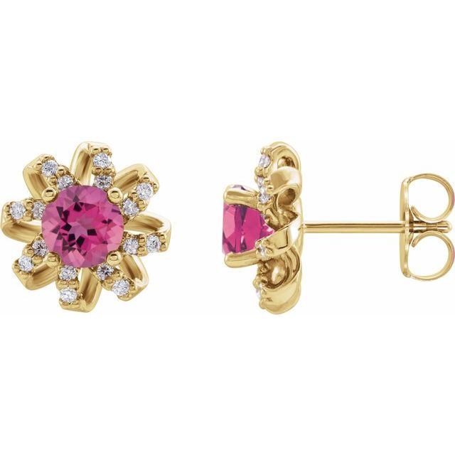 14K Yellow Natural Pink Tourmaline & 1/6 CTW Natural Diamond Halo-Style Earrings