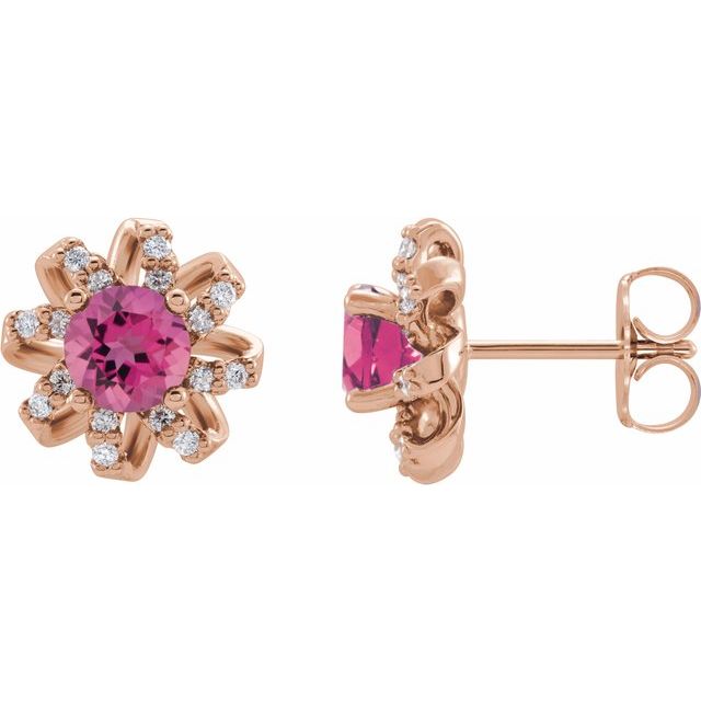 14K Rose Natural Pink Tourmaline & 1/6 CTW Natural Diamond Halo-Style Earrings