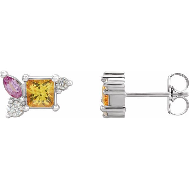 14K White Natural Yellow Sapphire, Natural Pink Sapphire, & 1/8 CTW Natural Diamond Earrings