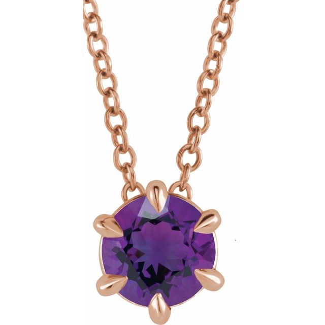 14K Rose 5 mm Natural Amethyst Solitaire 16-18" Necklace