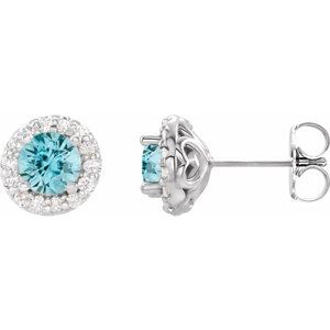 14K White 4 mm Natural Blue Zircon & 1/8 CTW Natural Diamond Earrings