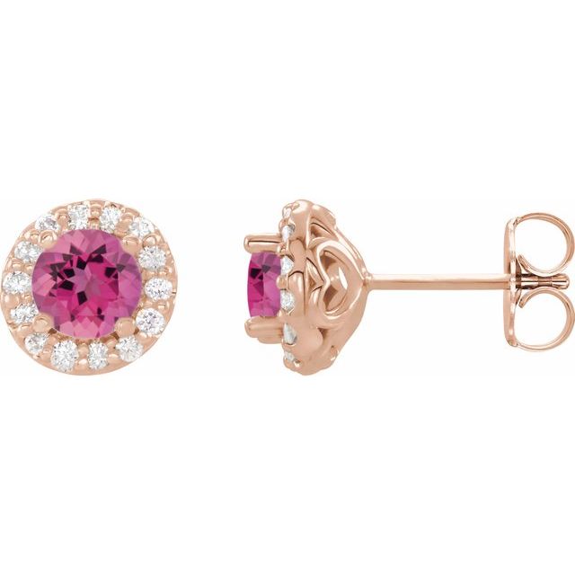 14K Rose 4 mm Natural Pink Tourmaline & 1/8 CTW Natural Diamond Earrings