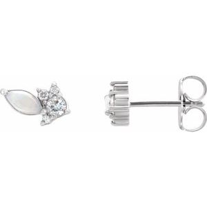 14K White Australian Natural White Opal & 1/6 CTW Natural Diamond Cluster Earrings