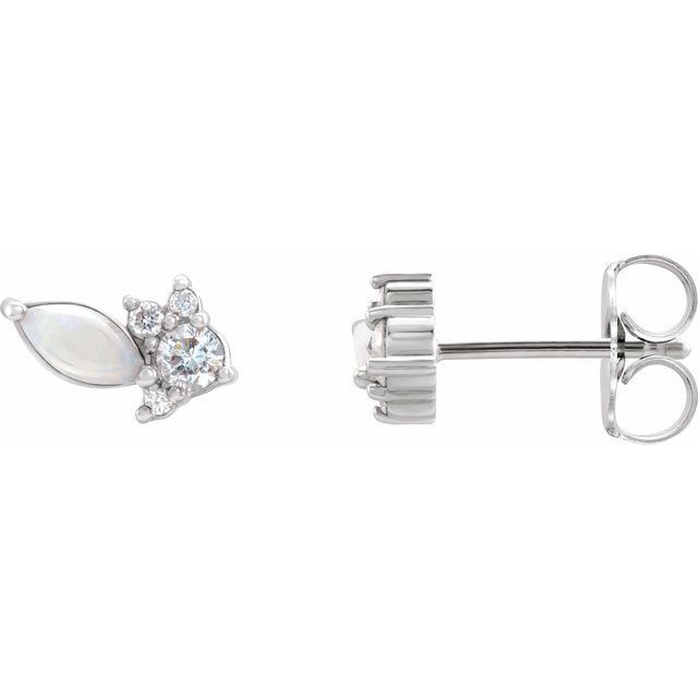 14K White Australian Natural White Opal & 1/6 CTW Natural Diamond Cluster Earrings