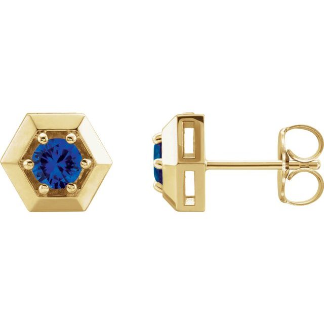 14K Yellow Natural Blue Sapphire Geometric Earrings