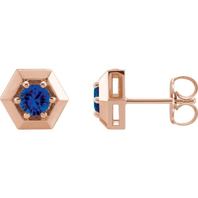 14K Rose Natural Blue Sapphire Geometric Earrings