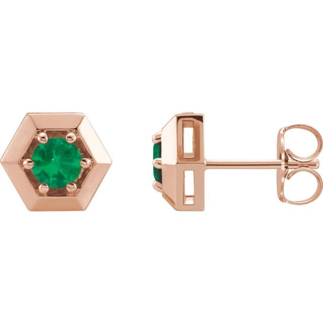 14K Rose Natural Emerald Geometric Earrings