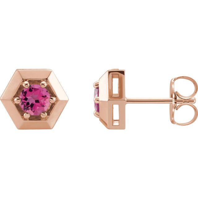 14K Rose Natural Pink Tourmaline Geometric Earrings