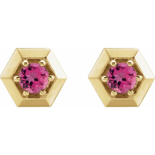 14K Yellow Natural Pink Tourmaline Geometric Earrings