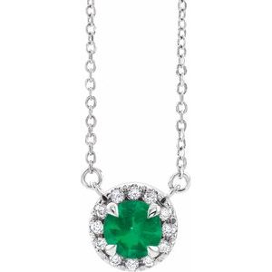 14K White 4 mm Natural Emerald & .05 CTW Natural Diamond 16" Necklace