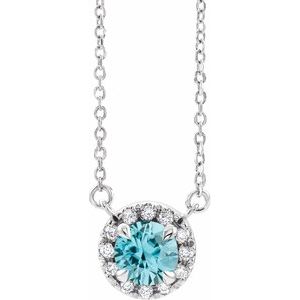14K White 6 mm Natural Blue Zircon & 1/6 CTW Natural Diamond 16" Necklace