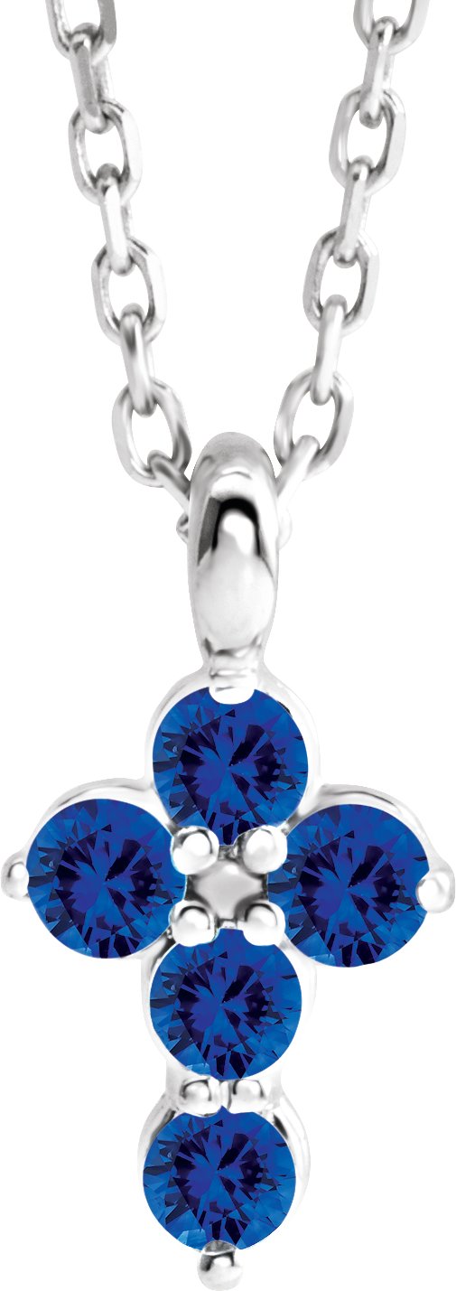 14K White Blue Sapphire Cross 16-18" Necklace 