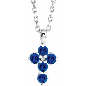 14K White Blue Sapphire Cross 16-18" Necklace 