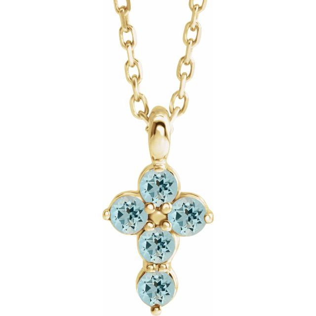 14K Yellow Natural Aquamarine Cross 16-18" Necklace