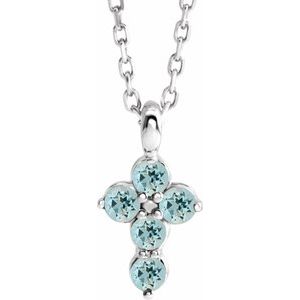 14K White Aquamarine Cross 16-18" Necklace
