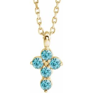 14K Yellow Natural Blue Zircon Cross 16-18" Necklace