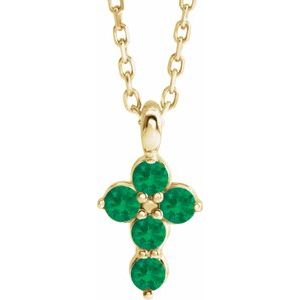 14K Yellow Natural Emerald Cross 16-18" Necklace
