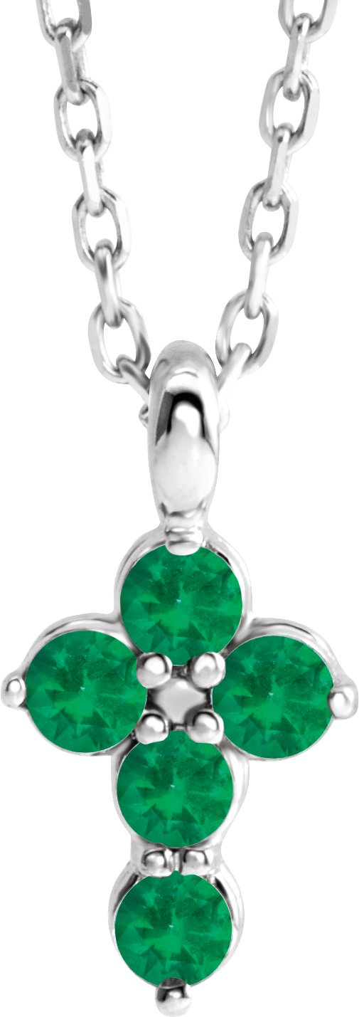 14K White Emerald Cross 16-18" Necklace