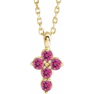 14K Yellow Natural Pink Tourmaline Cross 16-18" Necklace
