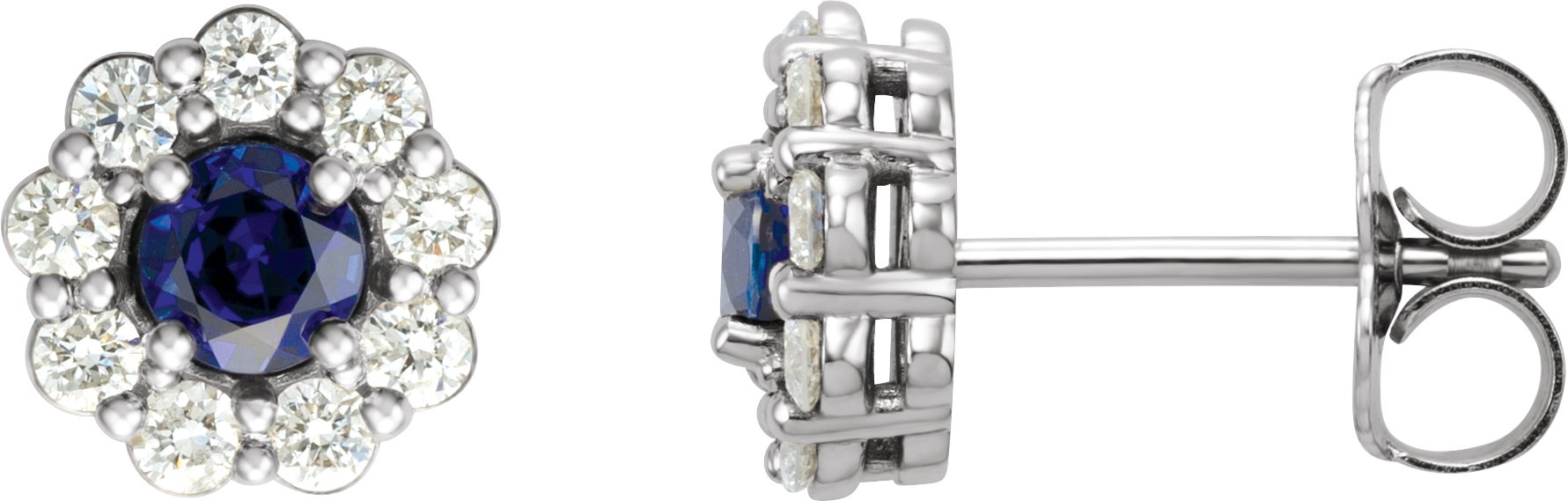 14K White Chatham® Created Blue Sapphire & 3/8 CTW Diamond Halo-Style Earrings