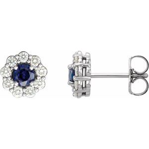 14K White Chatham® Created Blue Sapphire & 3/8 CTW Diamond Halo-Style Earrings