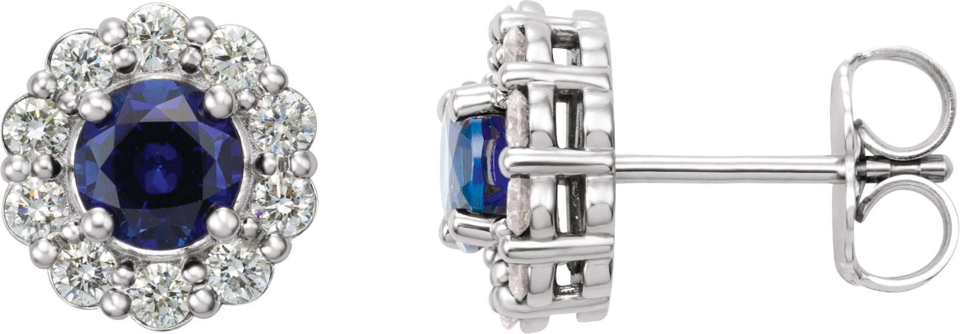 14K White Chatham® Created Blue Sapphire & 1/2 CTW Diamond Halo-Style Earrings    