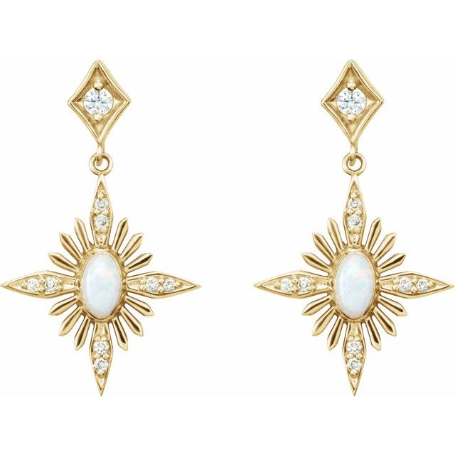 14K Yellow Natural White Opal & 1/6 CTW Natural Diamond Celestial Earrings