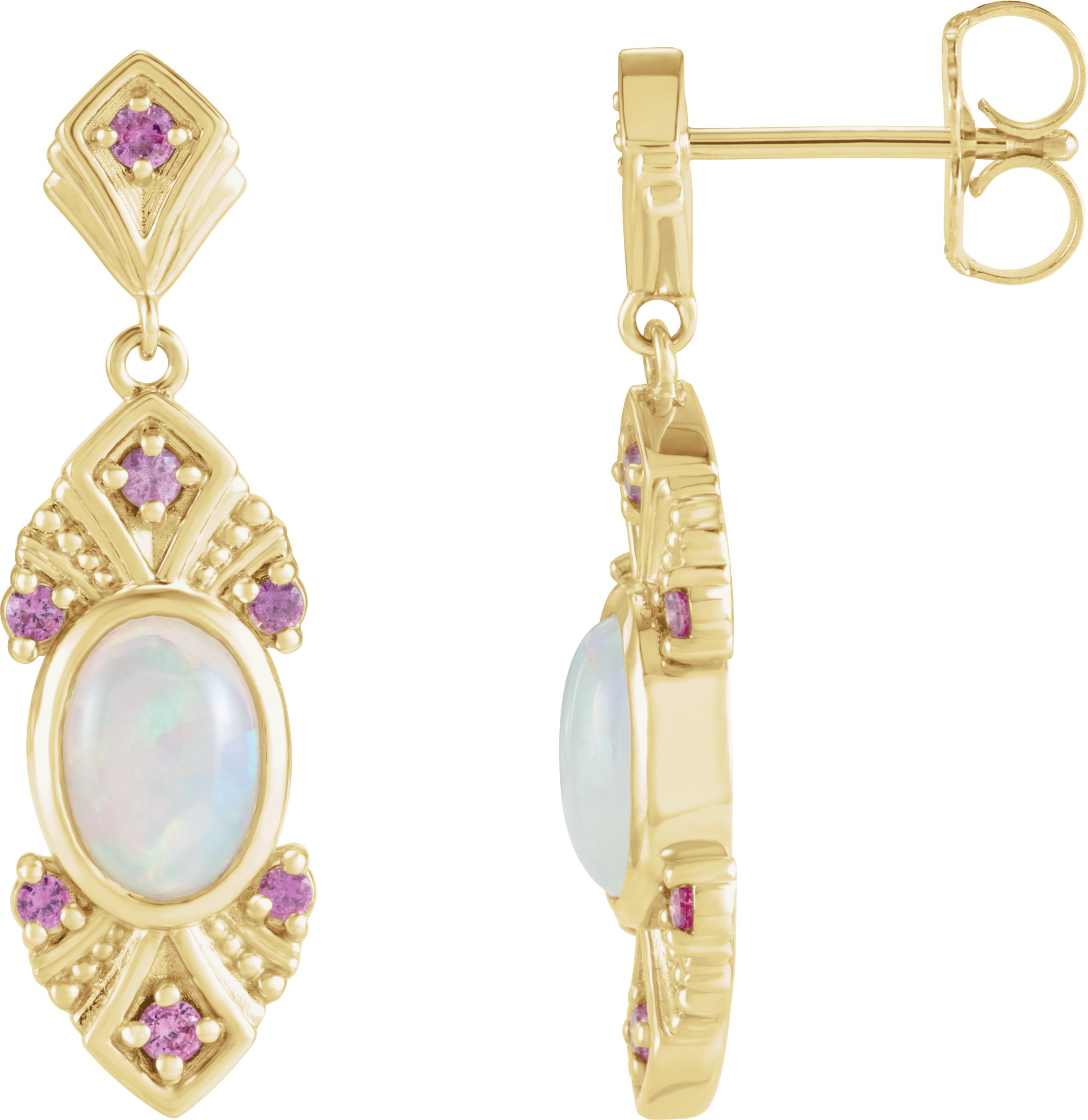 14K Yellow Natural Ethiopian Opal & Natural Pink Sapphire Vintage-Inspired Earrings