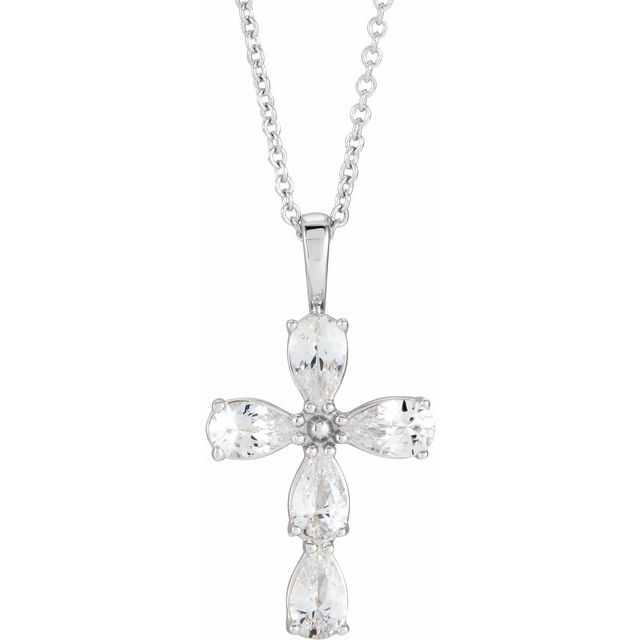 Sterling Silver Natural White Sapphire Cross 16-18