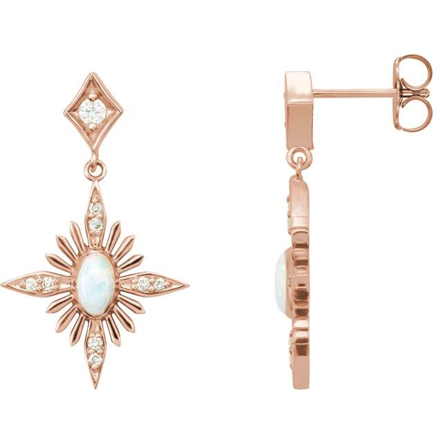 14K Rose Natural White Opal & 1/6 CTW Natural Diamond Celestial Earrings