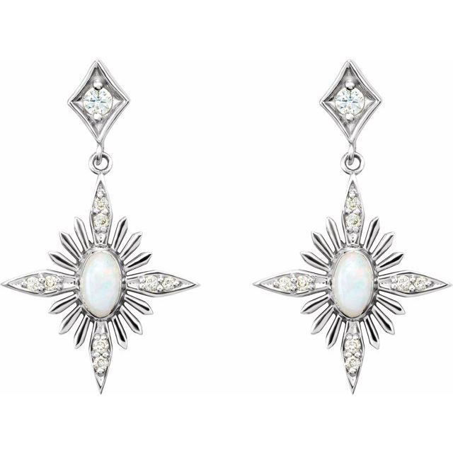 14K White Natural White Opal & 1/6 CTW Natural Diamond Celestial Earrings