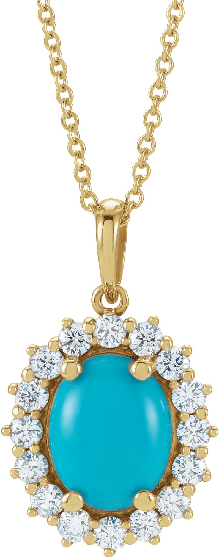 14K Yellow Natural Turquoise & 1/3 CTW Natural Diamond Halo-Style 16-18" Necklace