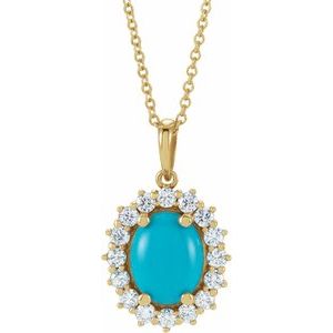 14K Yellow Natural Turquoise & 1/3 CTW Natural Diamond Halo-Style 16-18" Necklace