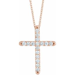 14K Rose 1/2 CTW Diamond French-Set Cross 16-18" Necklace
