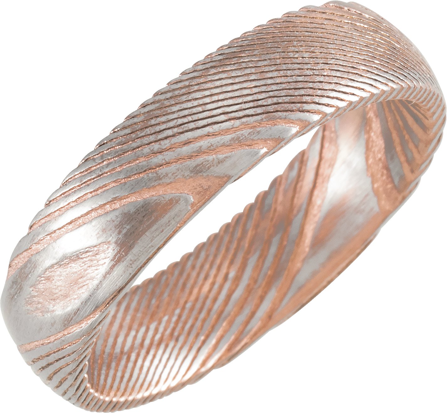 18K Rose Gold PVD Damascus Steel 6 mm Half Round Patterned Band Size 6