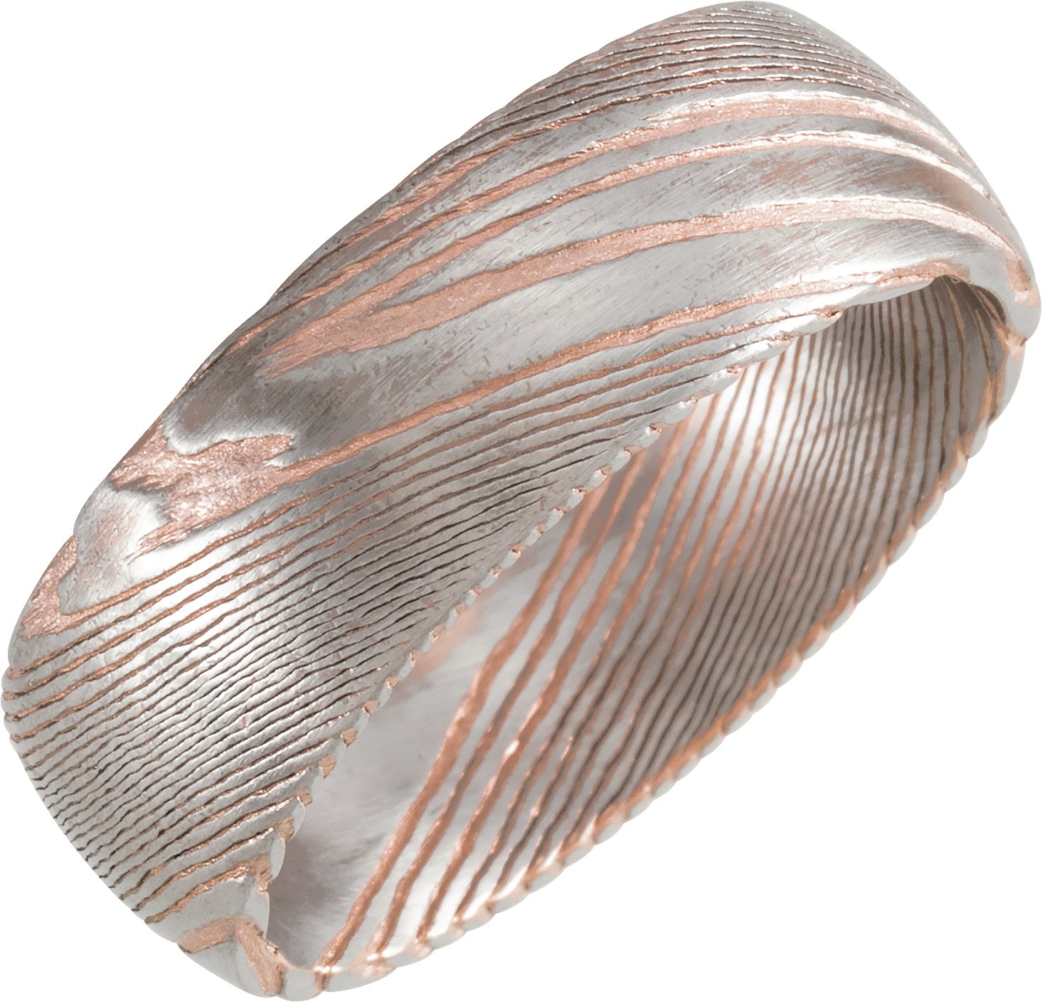 18K Rose Gold PVD Damascus Steel 8 mm Patterned Half Round Band Size 5 Ref 16549617