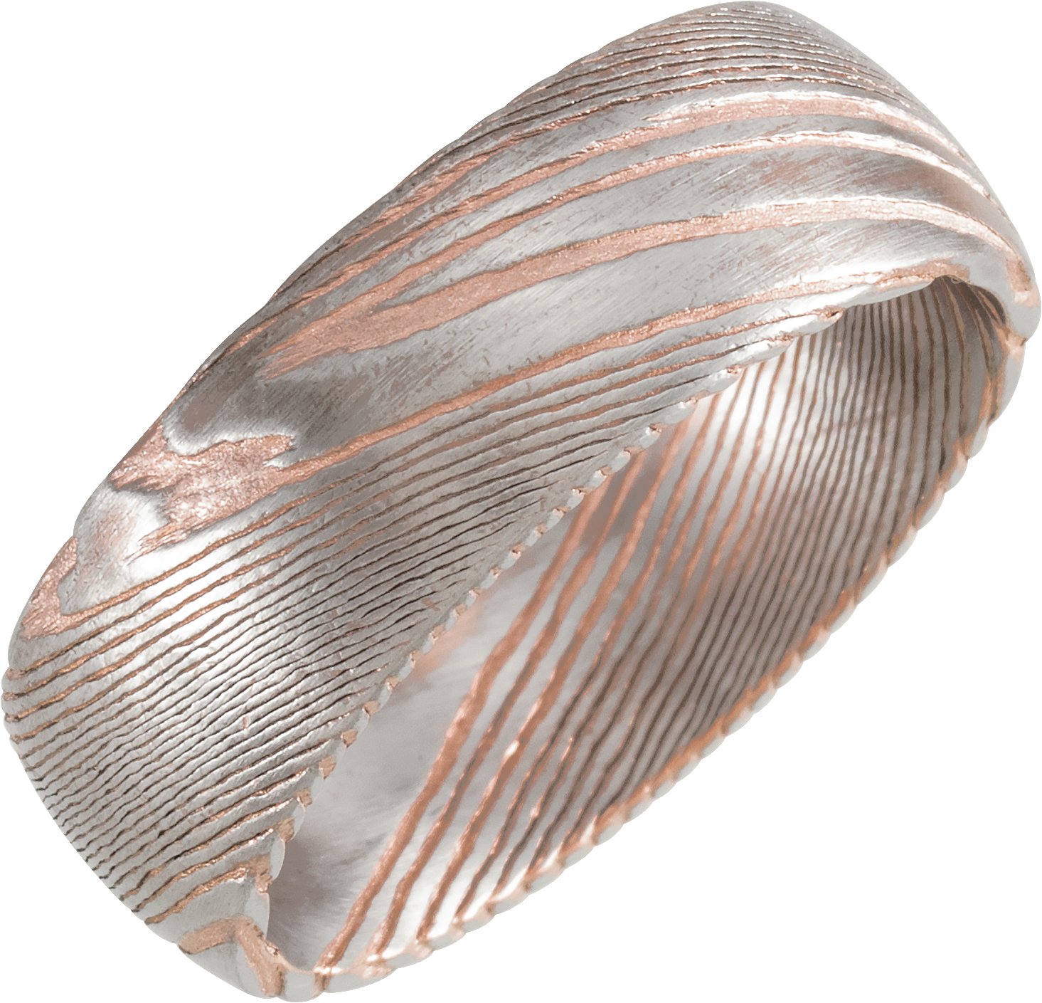 18K Rose Gold PVD Damascus Steel 8 mm Half Round Patterned Band Size 10