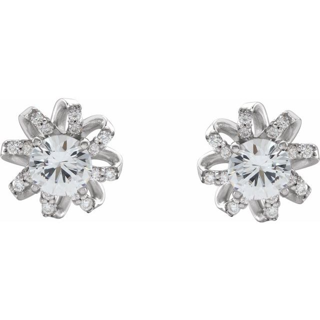 14K White Sapphire & 1/6 CTW Diamond Halo-Style Earrings