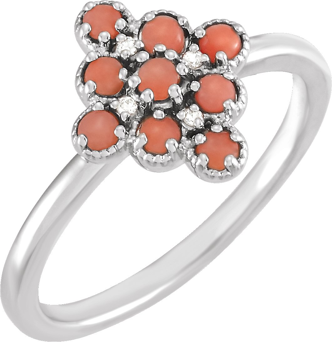 14K White Cabochon Pink Coral & .02 CTW Diamond Ring 
