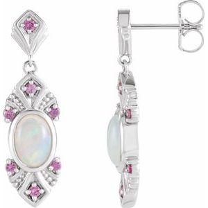 14K White Natural Ethiopian Opal & Natural Pink Sapphire Vintage-Inspired Earrings