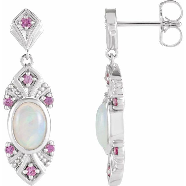 Sterling Silver Natural Ethiopian Opal & Natural Pink Sapphire Vintage-Inspired Earrings