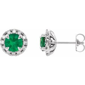 14K White 4 mm Natural Emerald & 1/5 CTW Natural Diamond Halo-Style Earrings