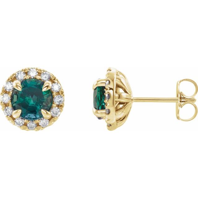 14K Yellow 5 mm Lab-Grown Emerald & 1/3 CTW Natural Diamond Halo-Style Earrings