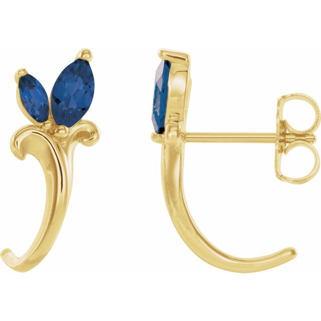 14K Yellow Natural Blue Sapphire Floral J-Hoop Earrings