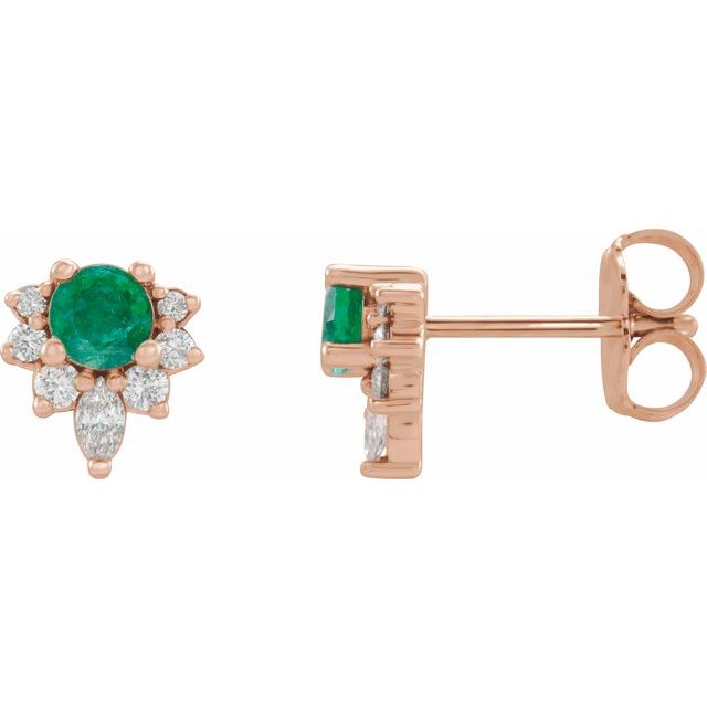 14K Rose Lab-Grown Emerald & 1/6 CTW Natural Diamond Earrings